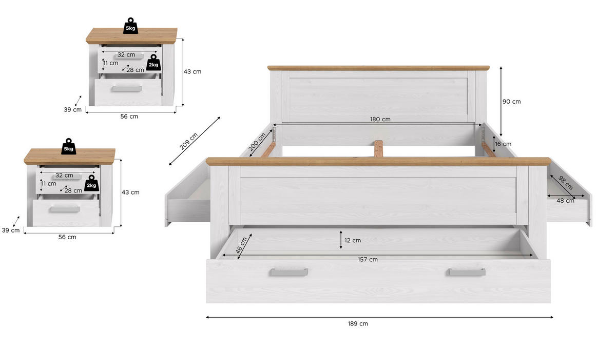 Bettanlage VERONA Sibiu Lärche Nachbildung Eiche Artisan Nachbildung VERONA - Eiche (301,00/90,00/209,00cm) - xonox.home