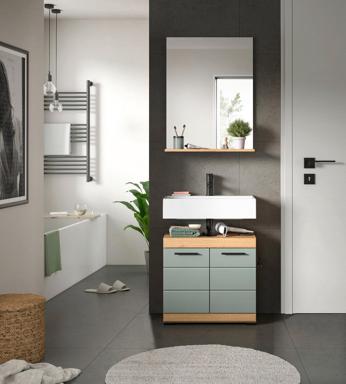 Badezimmer-Set Scout Eiche Artisan Nachbildung salbei Nachbildung B/H/T: ca. 60x191x34 cm Scout - Eiche/salbei (60,00/191,00/34,00cm) - xonox.home