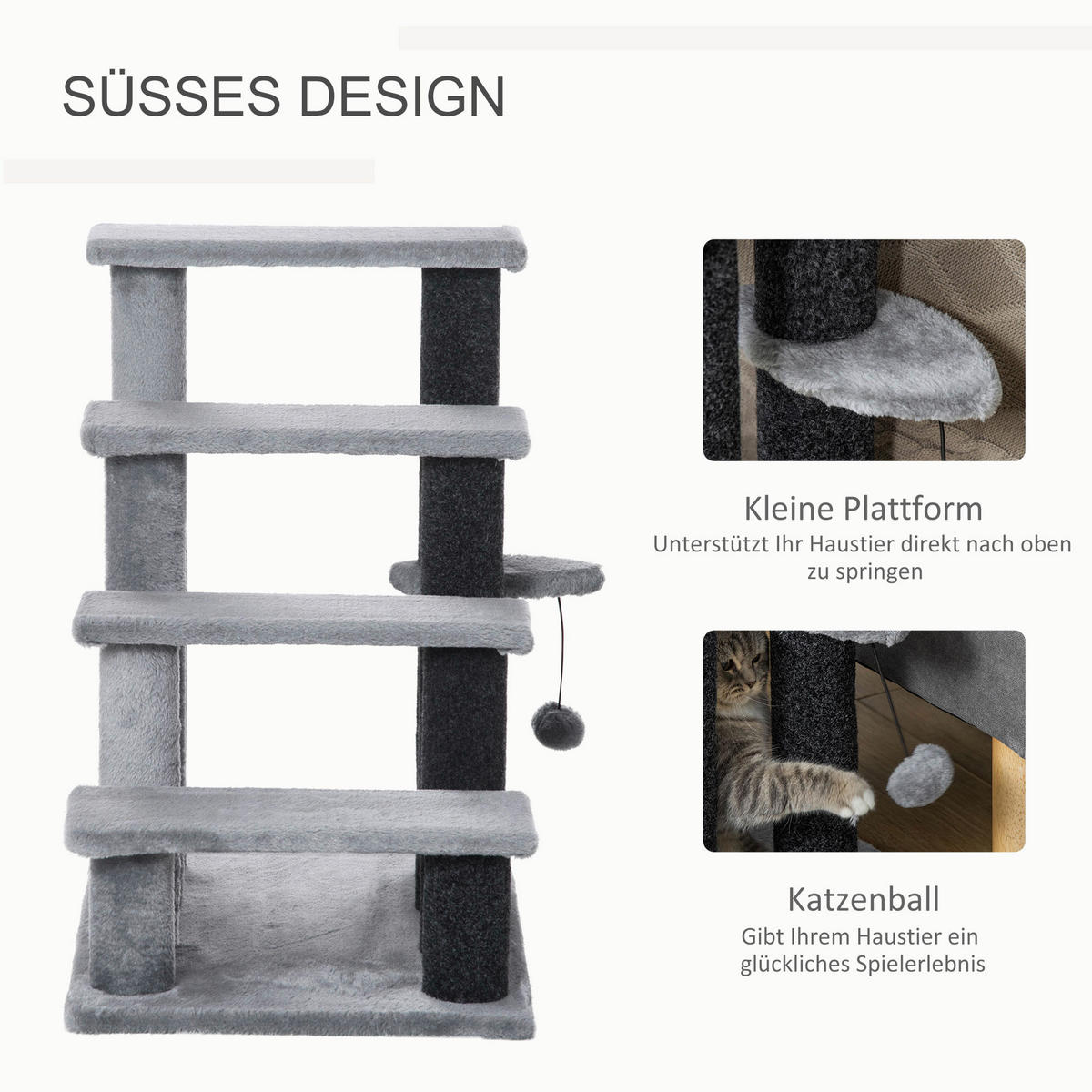 PawHut 4-stufige Haustiertreppe m. Ball grau Polypropylen B/H/L: ca. 40x60x64 cm Haustiertreppe - grau (64,00/40,00/60,00cm) - PawHut