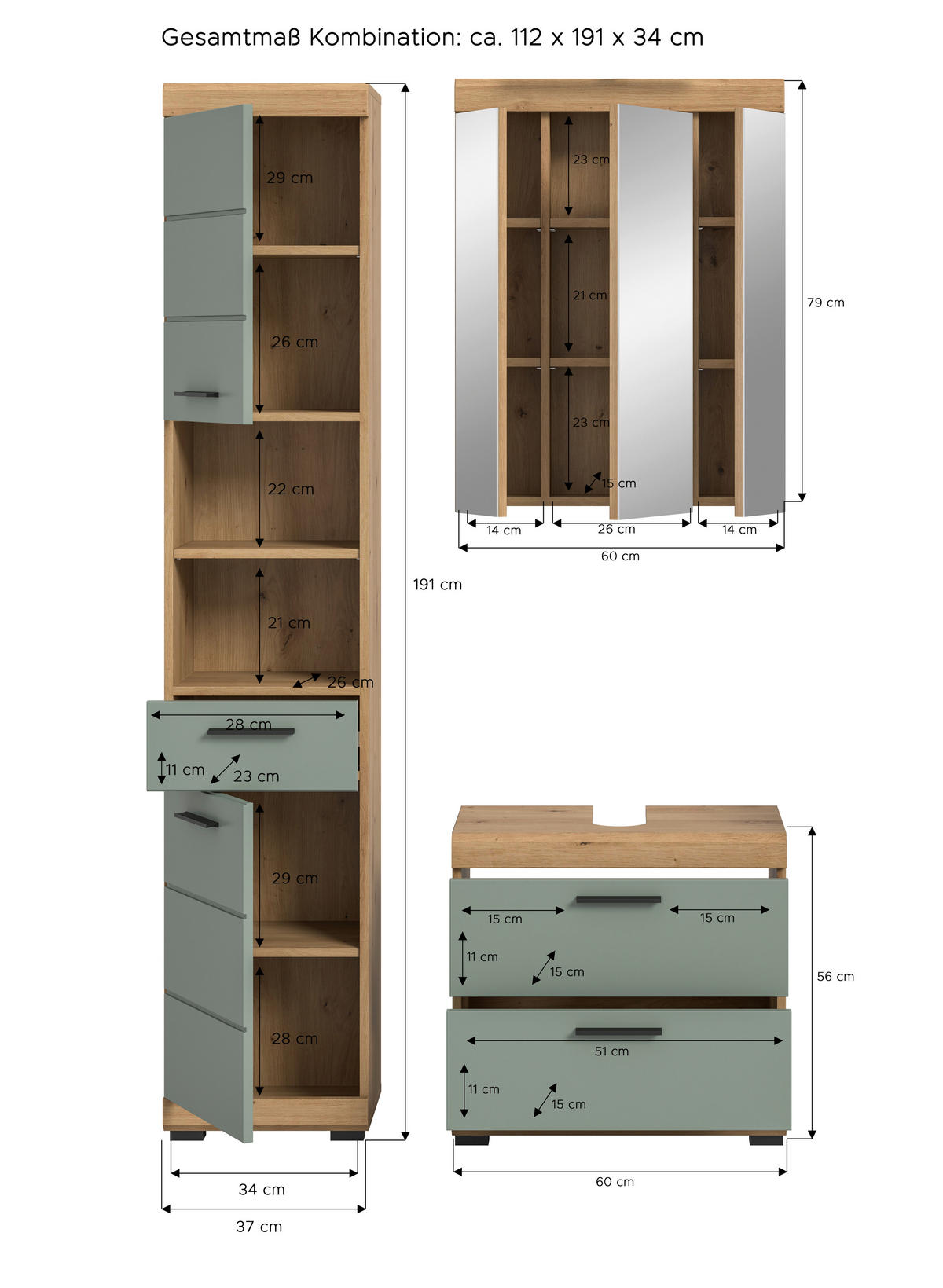 Badezimmer-Set Scout Eiche Artisan Nachbildung salbei Nachbildung B/H/T: ca. 112x191x37 cm Scout - Eiche/salbei (112,00/191,00/37,00cm) - xonox.home