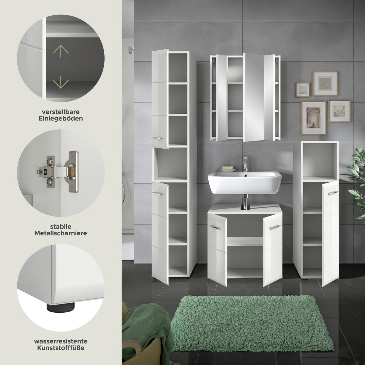 Badezimmer-Set Ice weiß weiß Hochglanz B/H/T: ca. 150x185x30 cm Ice - weiß (150,00/185,00/30,00cm) - xonox.home