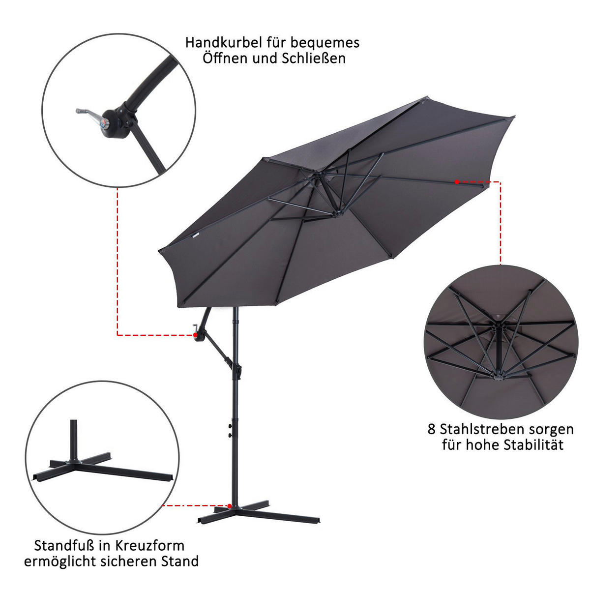 Outsunny Ampelschirm grau Stahl H/D: ca. 250x300 cm Ampelschirm - grau (300,00/250,00cm) - Outsunny