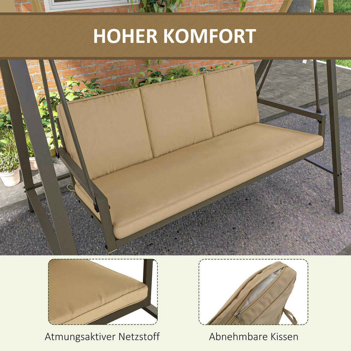 Outsunny Hollywoodschaukel beige Edelstahl B/H/L: ca. 125x200x175 cm Hollywoodschaukel - beige (175,00/125,00/200,00cm) - Outsunny