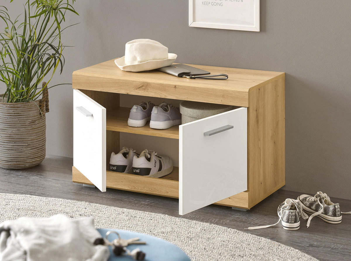 Sitzbank Nola Eiche Artisan Nachbildung weiß Hochglanz B/H/T: ca. 80x49x38 cm Nola - Eiche/weiß (80,00/49,00/38,00cm)