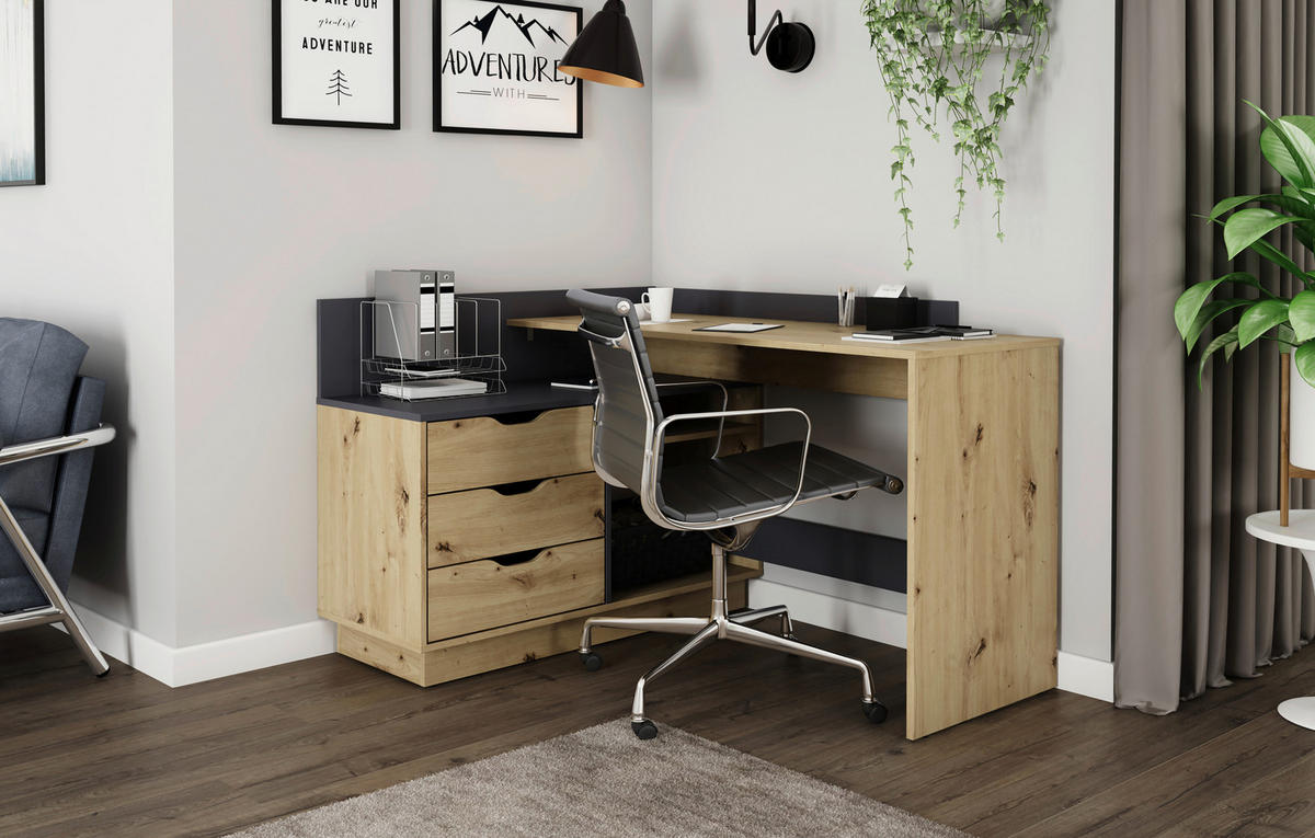 Winkelschreibtisch BELFAST anthrazit Eiche Nachbildung B/H/T: ca. 129x83,5x105 cm BELFAST - Eiche/anthrazit (129,00/83,50/105,00cm) - byLIVING