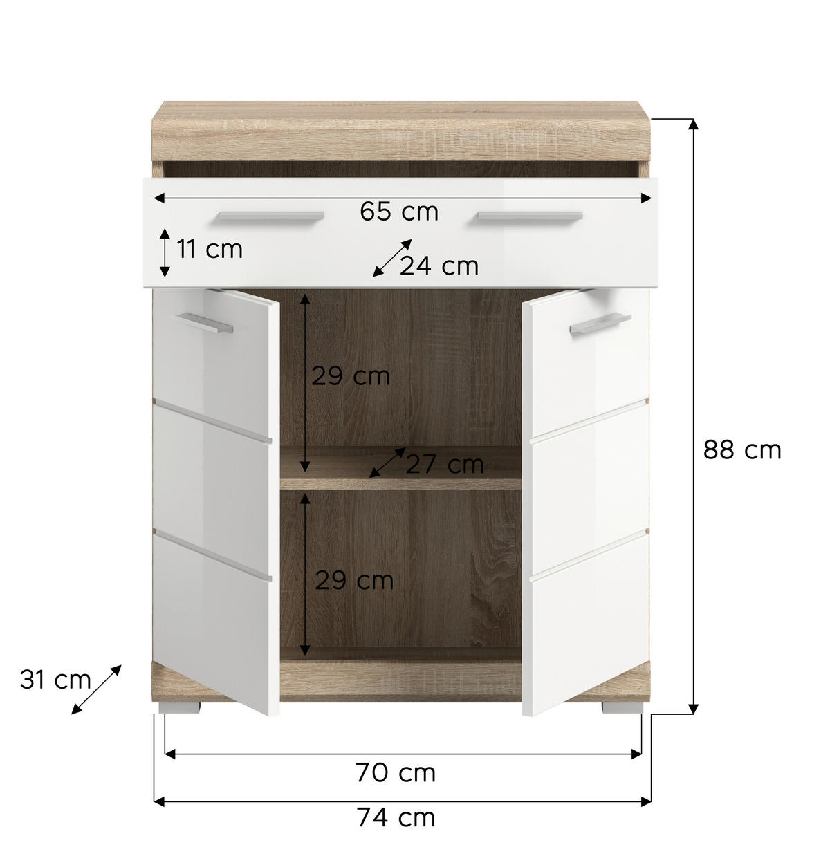 Schrank Lambada Eiche Sonoma Nachbildung weiß Hochglanz B/H/T: ca. 74x88x31 cm Lambada - Eiche/weiß (74,00/88,00/31,00cm) - xonox.home