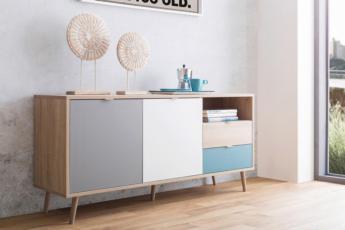 Sideboard Cuba Eiche Sonoma Nachbildung weiß grau petrol B/H/T: ca. 150x71x40 cm Cuba - Eiche/weiß (150,00/71,00/40,00cm)