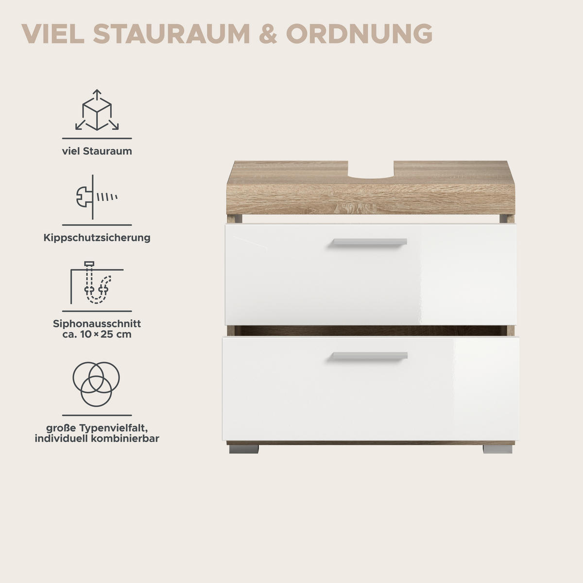 Waschbeckenunterschrank Lambada Eiche Sonoma Nachbildung weiß Hochglanz B/H/T: ca. 60x56x37 cm Lambada - Eiche/weiß (60,00/56,00/37,00cm) - xonox.home