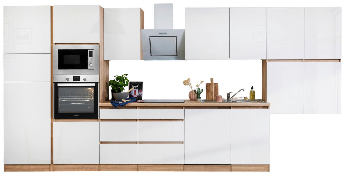 Respekta Küchenblock Premium weiß hochglänzend B/H/T: ca. 445x220,5x60 cm Premium - Eiche/weiß (445,00/220,50/60,00cm) - Respekta
