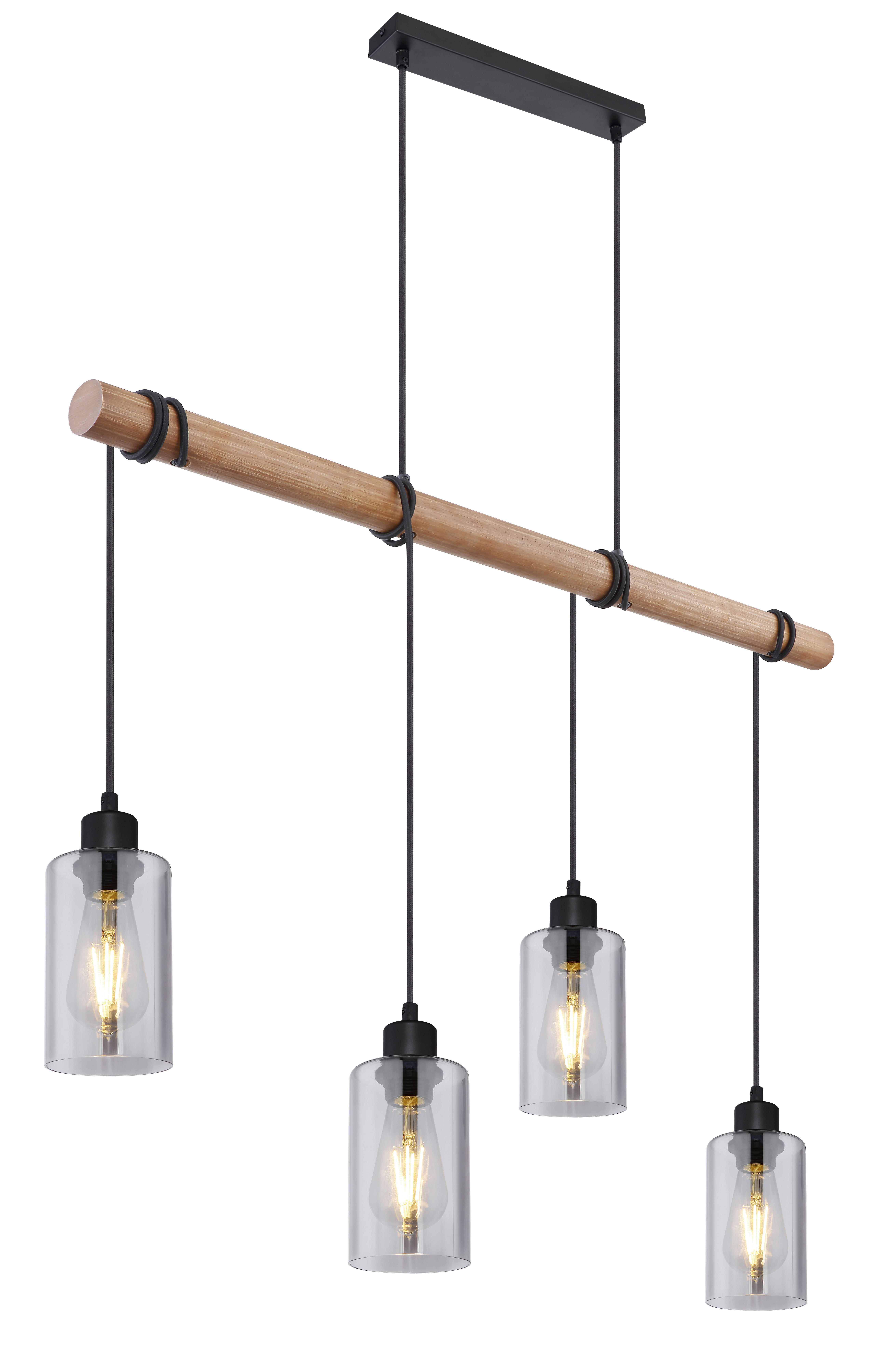 GLOBO Pendelleuchte HADERA 15465-4H1 schwarz natur Metall Holz Rauchglas B/H/T: ca. 98x130x15 cm E27 4 Brennstellen HADERA - natur/schwarz (98,00/130,00/15,00cm) - GLOBO