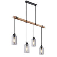 GLOBO Pendelleuchte HADERA 15465-4H1 schwarz natur Metall Holz Rauchglas B/H/T: ca. 98x130x15 cm E27 4 Brennstellen HADERA - natur/schwarz (98,00/130,00/15,00cm) - GLOBO