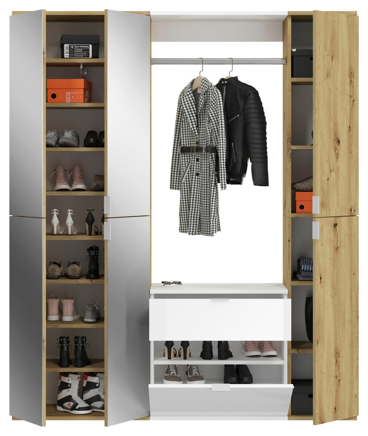 Garderobe PROJEKT Eiche Artisan Nachbildung weiß Hochglanz Spiegel B/H/T: ca. 152x193x34 cm PROJEKT - Eiche/weiß (152,00/193,00/34,00cm) - xonox.home