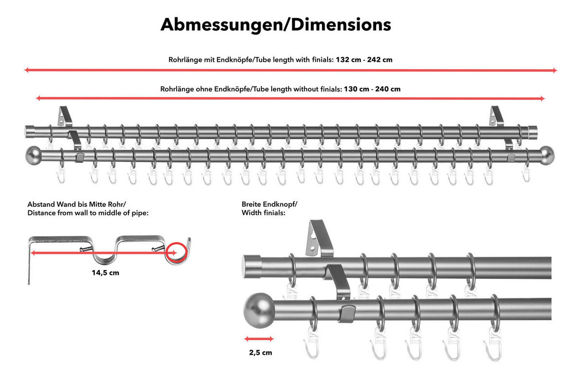 LICHTBLICK Gardinenstange Kugel Chrom Metall D: ca. 2 cm ausziehbar von ca. 130 bis 240 cm 2.0 Läufe Kugel - Chrom (2,00cm) - LICHTBLICK