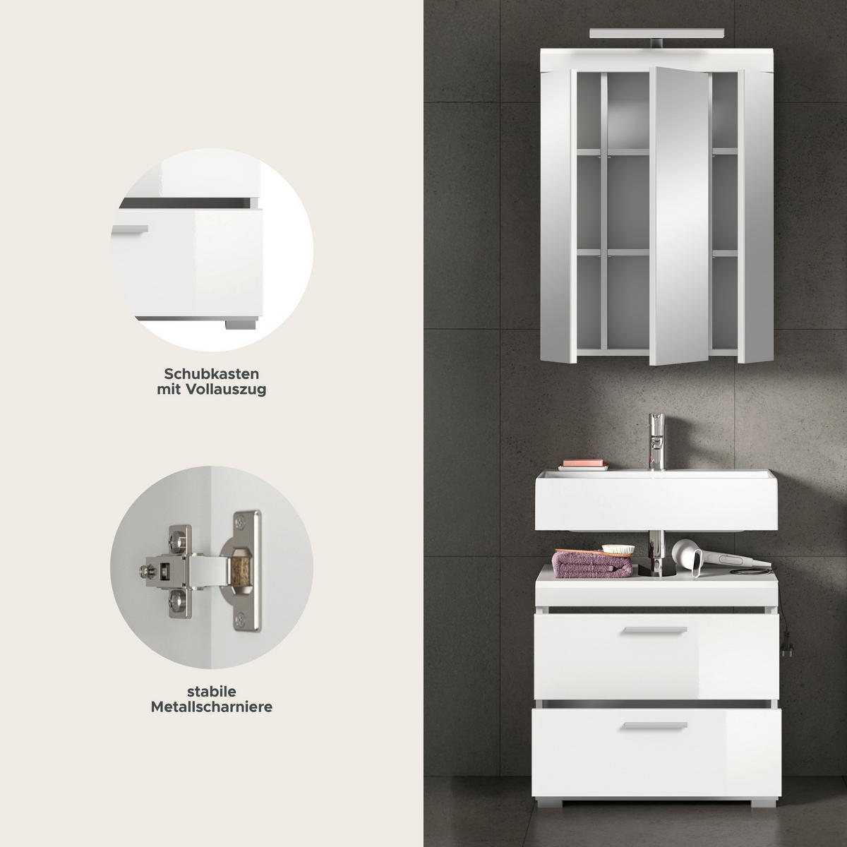 Badezimmer-Set Scout weiß weiß Hochglanz B/H/T: ca. 60x191x37 cm Scout - weiß (60,00/191,00/37,00cm) - xonox.home