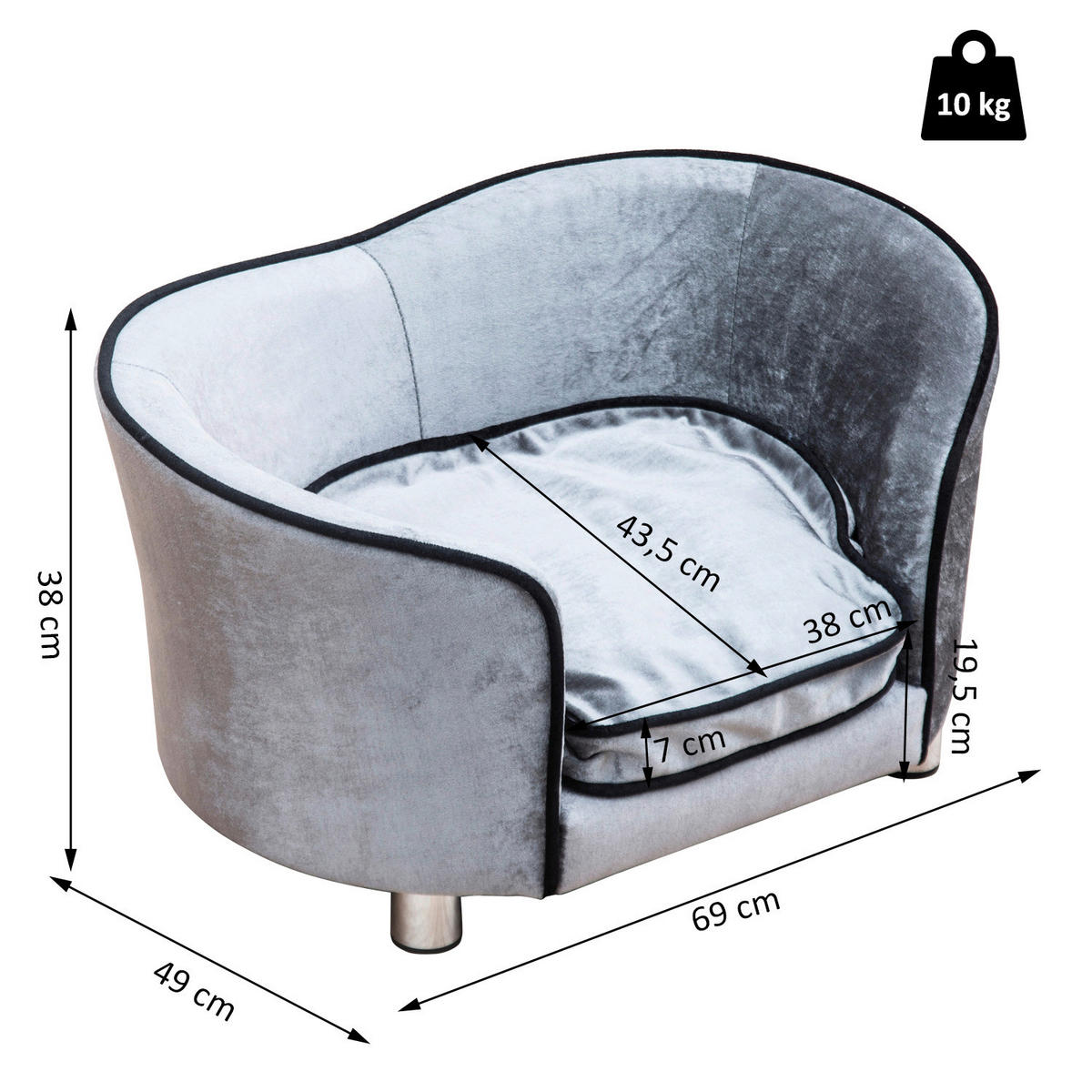 PawHut Hundecouch hellgrau Holz B/H/L: ca. 49x38x69 cm Luxus_Hundecouch - hellgrau (69,00/49,00/38,00cm) - PawHut