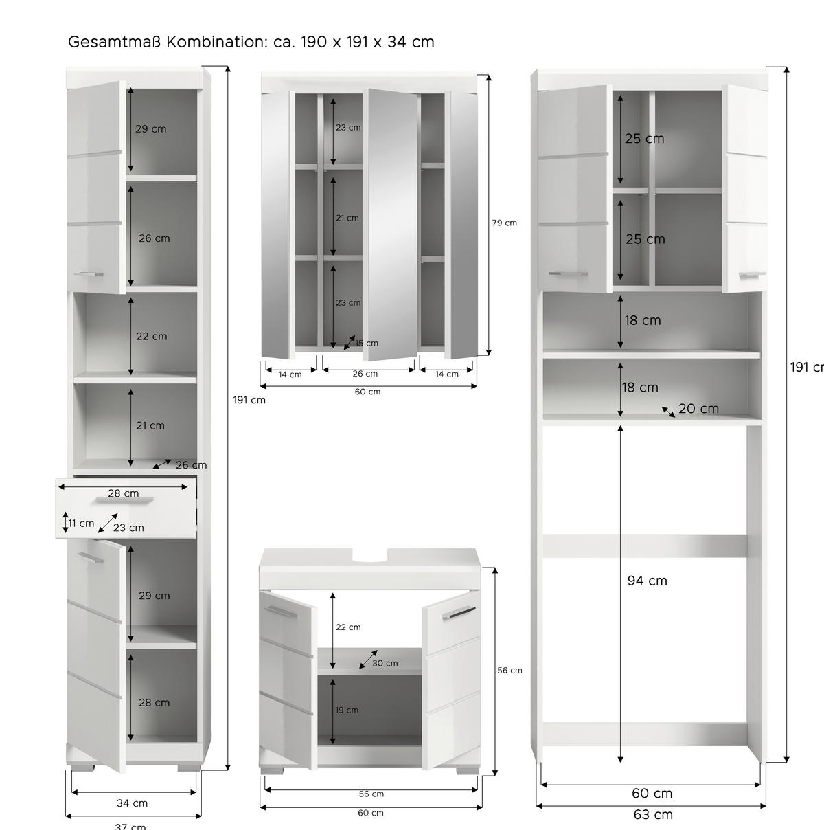 Badezimmer-Set Scout weiß weiß Hochglanz B/H/T: ca. 190x191x34 cm Scout - weiß (190,00/191,00/34,00cm) - xonox.home