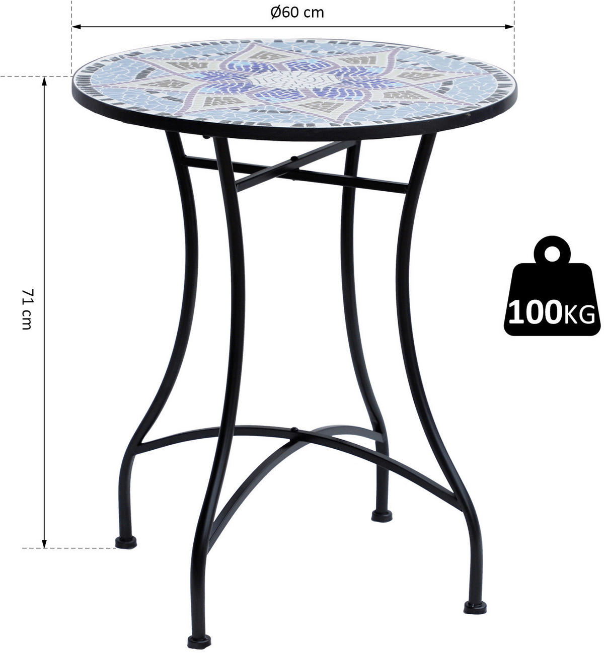 Outsunny Mosaiktisch blau Stahl H/D: ca. 71x60 cm Mosaiktisch_rund - blau/weiß (60,00/71,00cm) - Outsunny