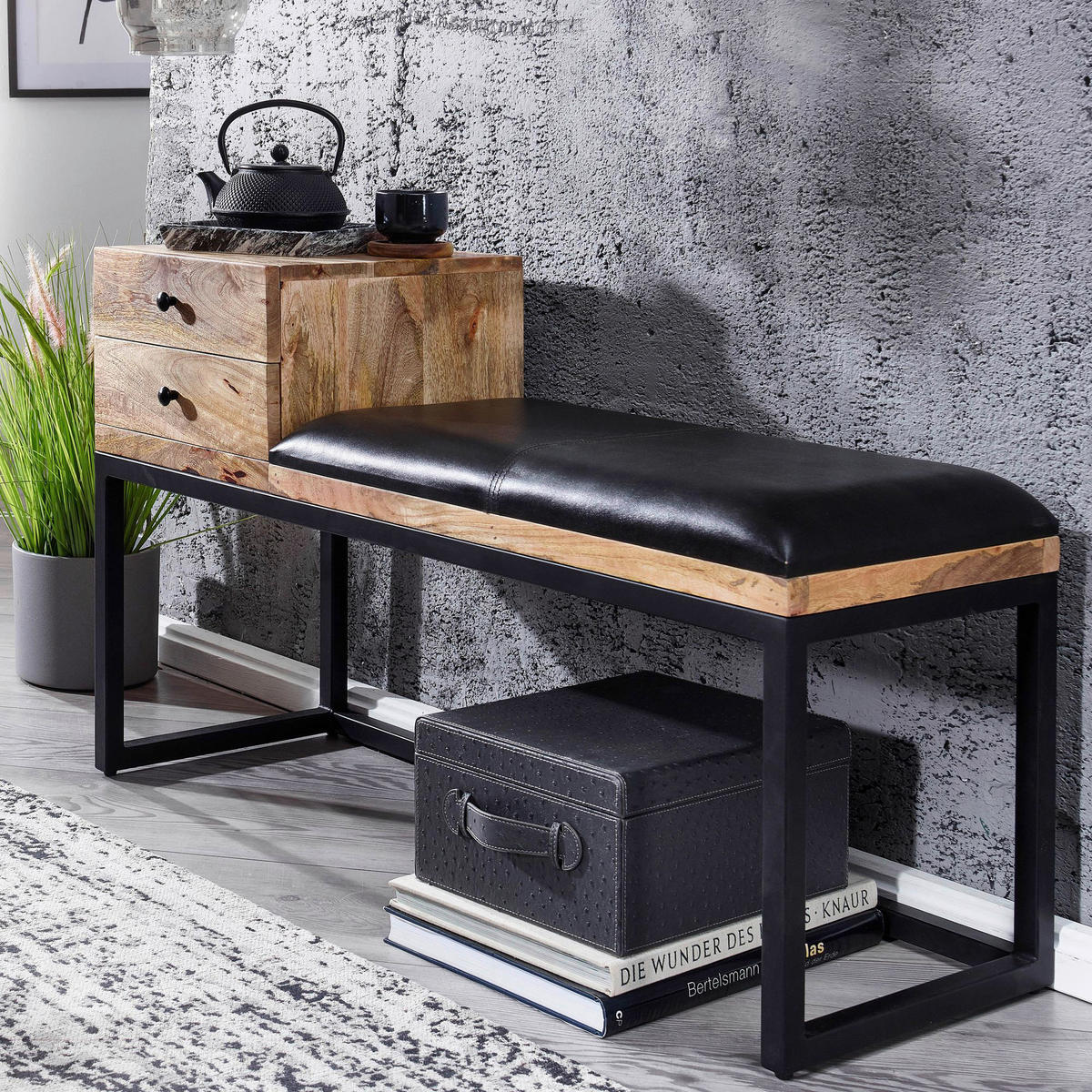 Wohnling Sitzbank natur schwarz schwarz Echtholz Leder Eisen B/H/T: ca. 100x60x35 cm Sitzbank - natur/schwarz (100,00/60,00/35,00cm) - Wohnling