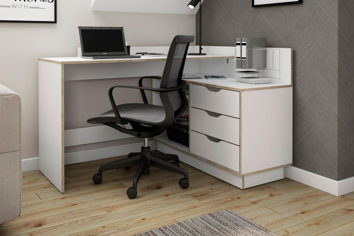 Schreibtisch BELFAST weiß Eiche Sonoma Nachbildung B/H/T: ca. 129x83,5x105 cm BELFAST - Eiche/weiß (129,00/83,50/105,00cm) - byLIVING