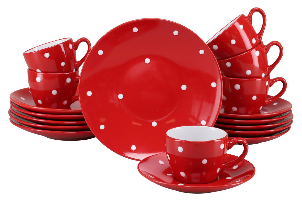 CreaTable Kaffeeservice Polka Dots weiß Steinzeug 18 tlg. Polka Dots - weiß/rot - CreaTable