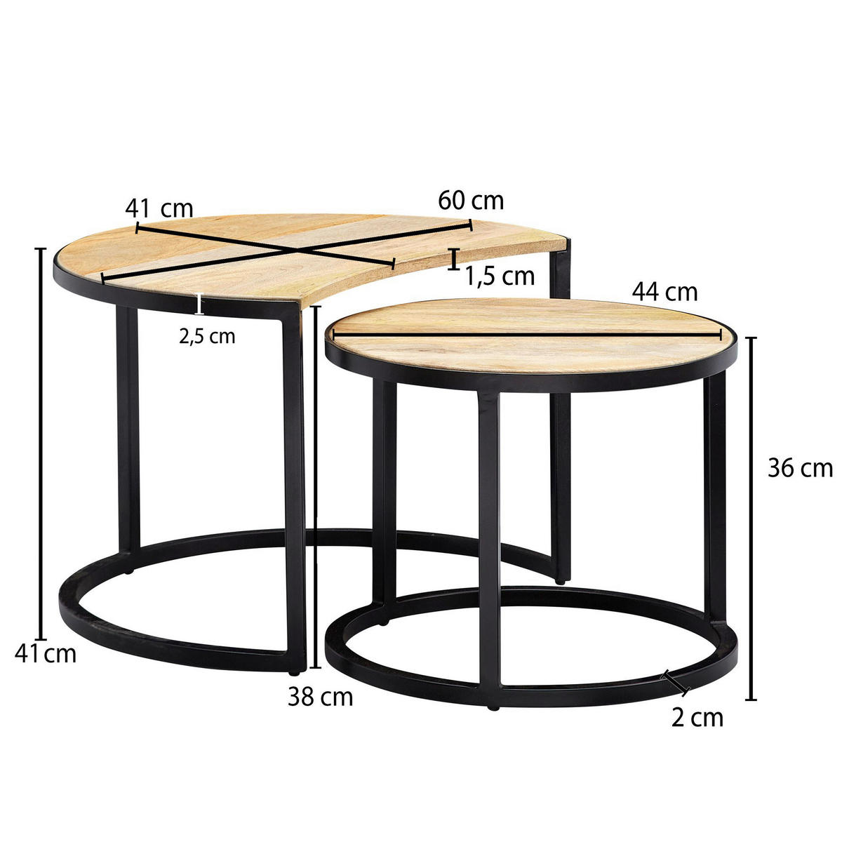 Beistelltisch 2er-Set. natur schwarz pulverbeschichtet Echtholz Eisen 2er-Set. - natur/schwarz - Wohnling