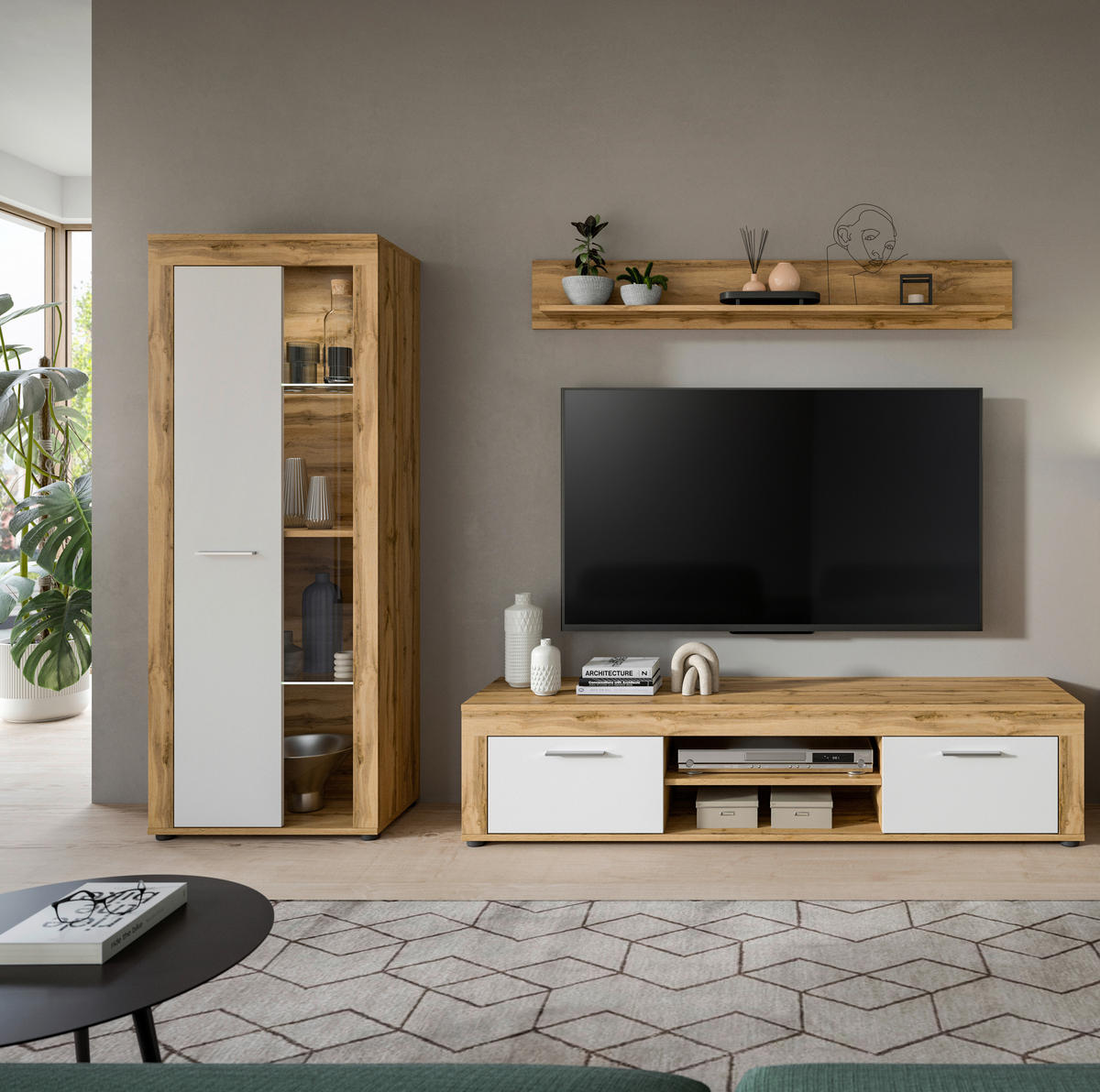 Wohnwand Jam Eiche Wotan Nachbildung weiß B/H/T: ca. 235x159x35 cm Jam - Eiche/weiß (235,00/159,00/35,00cm) - xonox.home