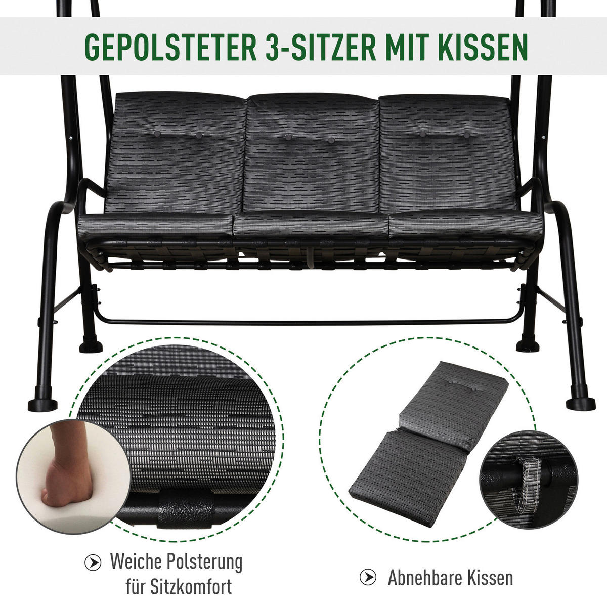 Outsunny Hollywoodschaukel schwarz Stahl B/H/T: ca. 200x170x120 cm Hollywoodschaukel_3-Sitzer - schwarz (200,00/170,00/120,00cm) - Outsunny