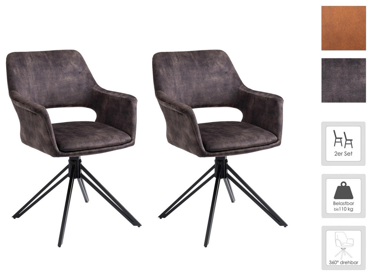 Stuhl ESTELLE  2er-Set anthrazit Vintage schwarz Stoff Metall ESTELLE  2er-Set - schwarz/anthrazit - byLIVING