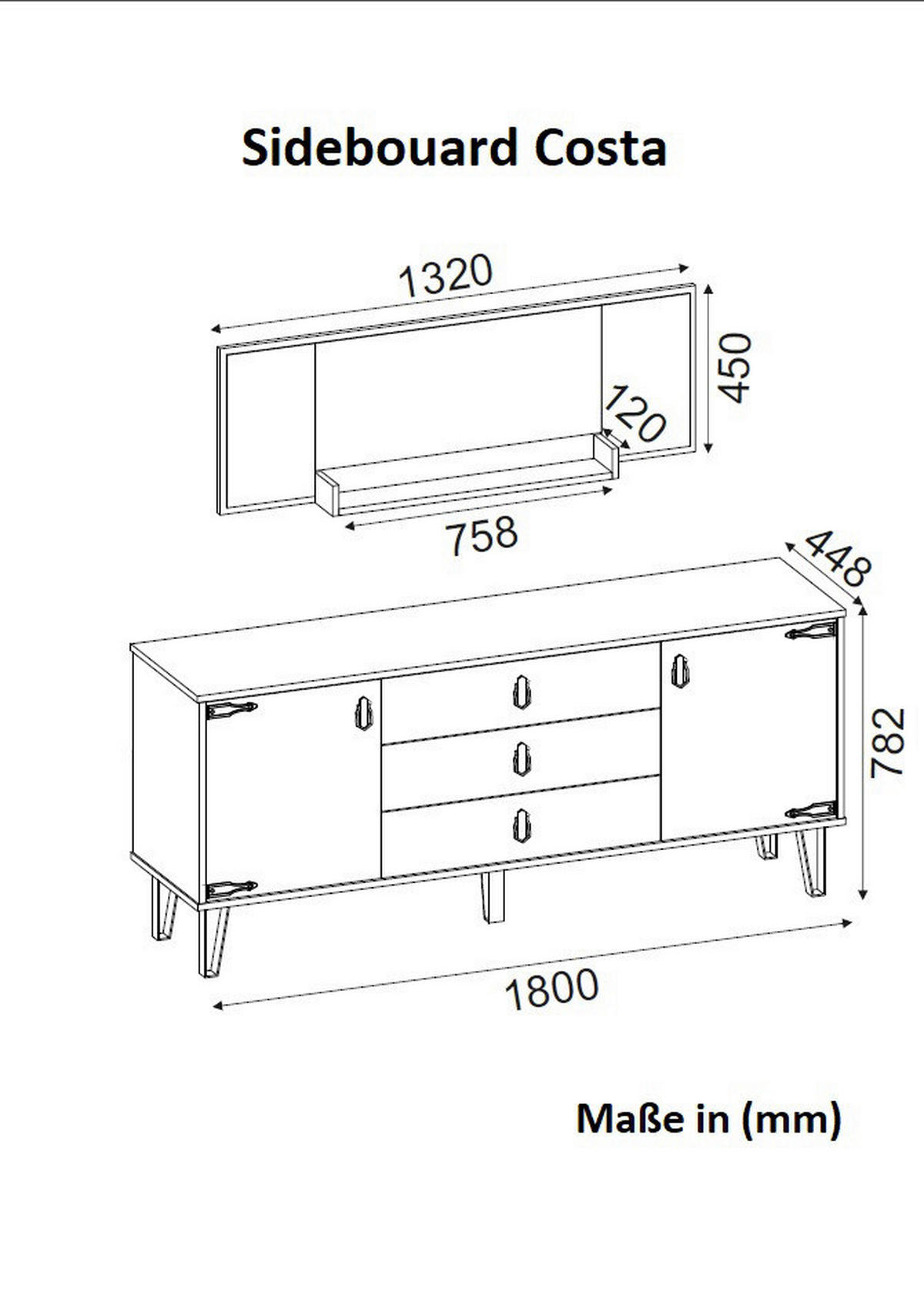 Sideboard Costa Eiche Nachbildung B/H/T: ca. 180x78x45 cm Costa - Eiche (180,00/78,00/45,00cm) - moebel17