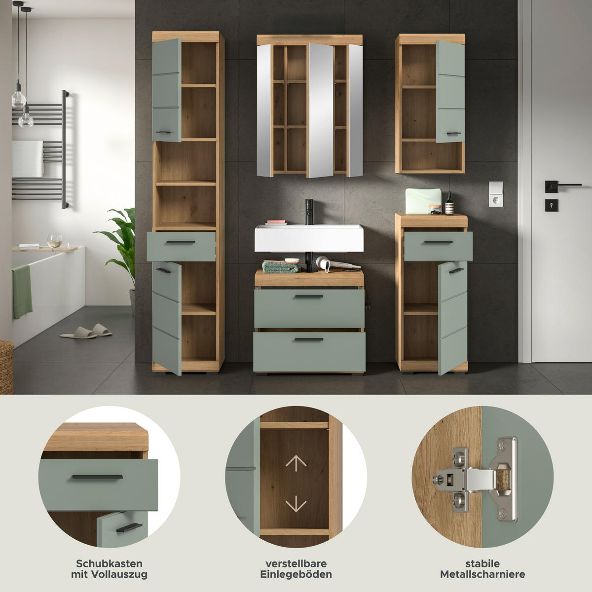 Badezimmer-Set Scout Eiche Artisan Nachbildung salbei Nachbildung B/H/T: ca. 164x191x37 cm Scout - Eiche/salbei (164,00/191,00/37,00cm) - xonox.home