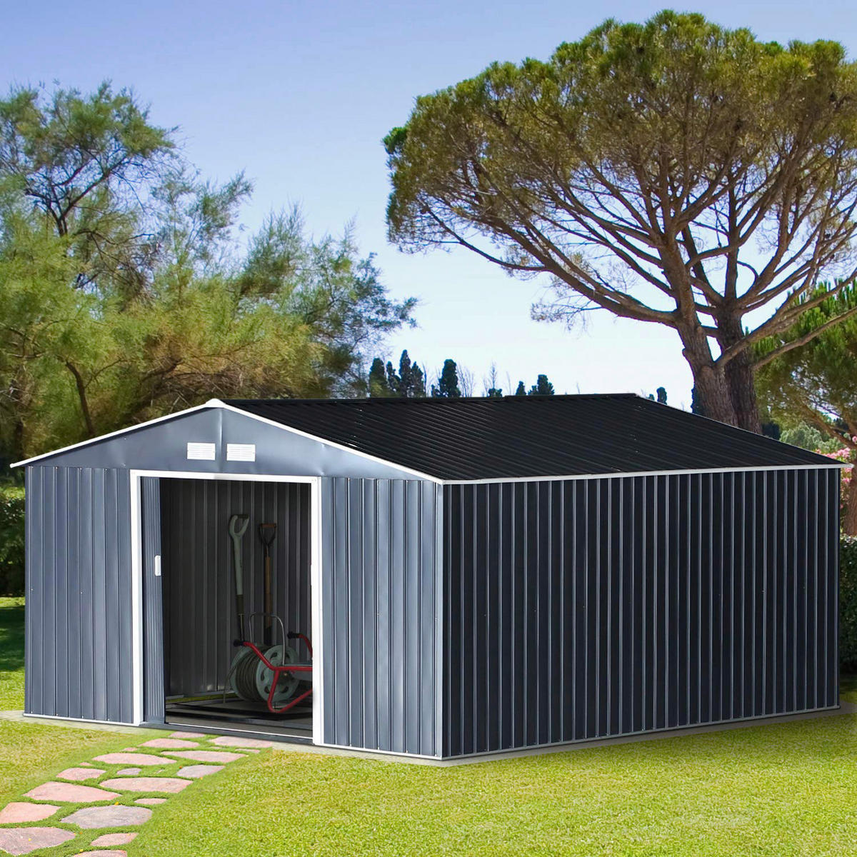 Outsunny Gartenschrank grau Stahl B/H/T: ca. 340x200x382 cm Gartenschrank - grau (340,00/200,00/382,00cm) - Outsunny