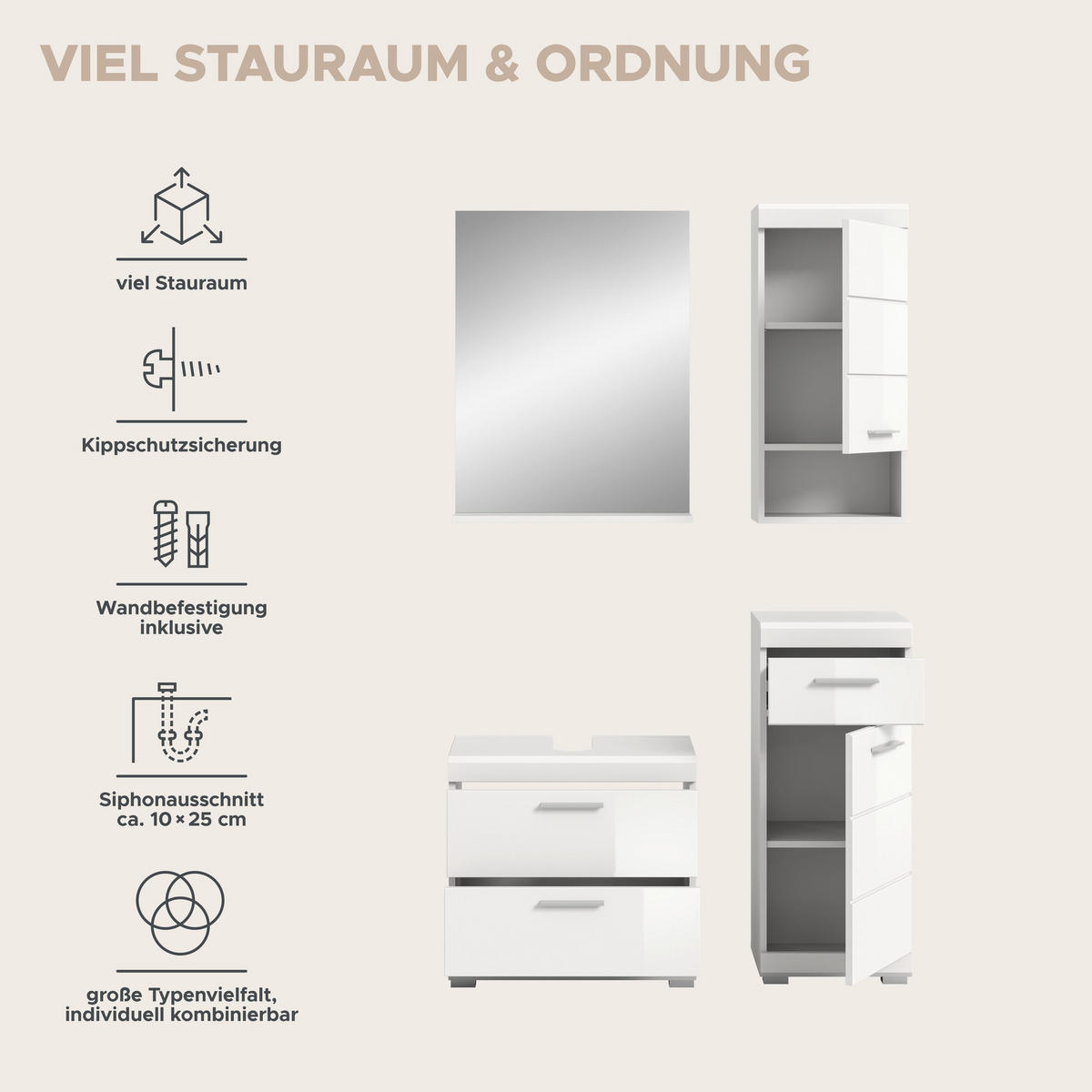 Badezimmer-Set Scout weiß weiß Hochglanz B/H/T: ca. 112x191x37 cm Scout - weiß (112,00/191,00/37,00cm) - xonox.home