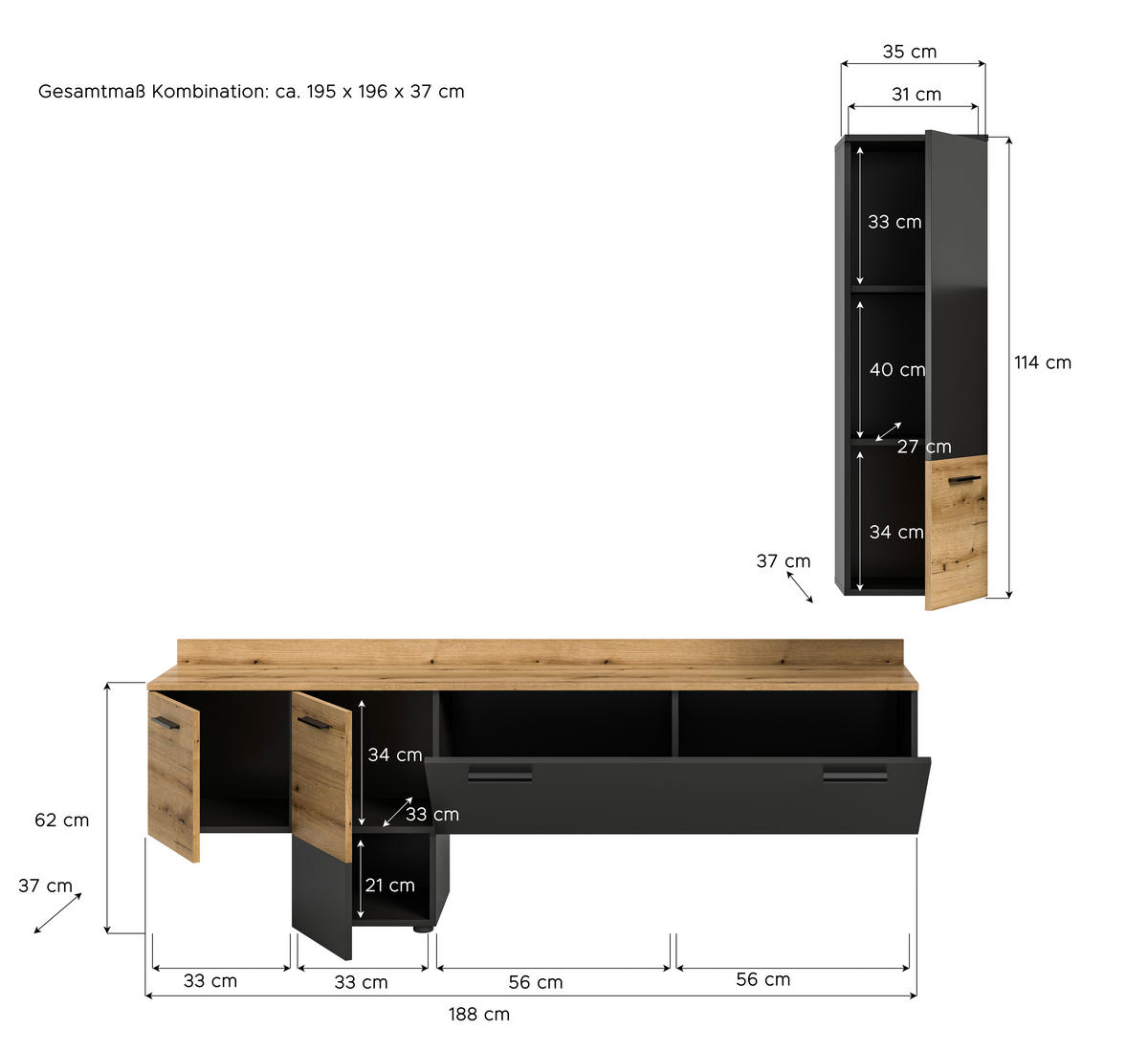 Wohnwand Goal grau Evoke Oak Nachbildung B/H/T: ca. 195x196x37 cm Goal - grau (195,00/196,00/37,00cm) - xonox.home