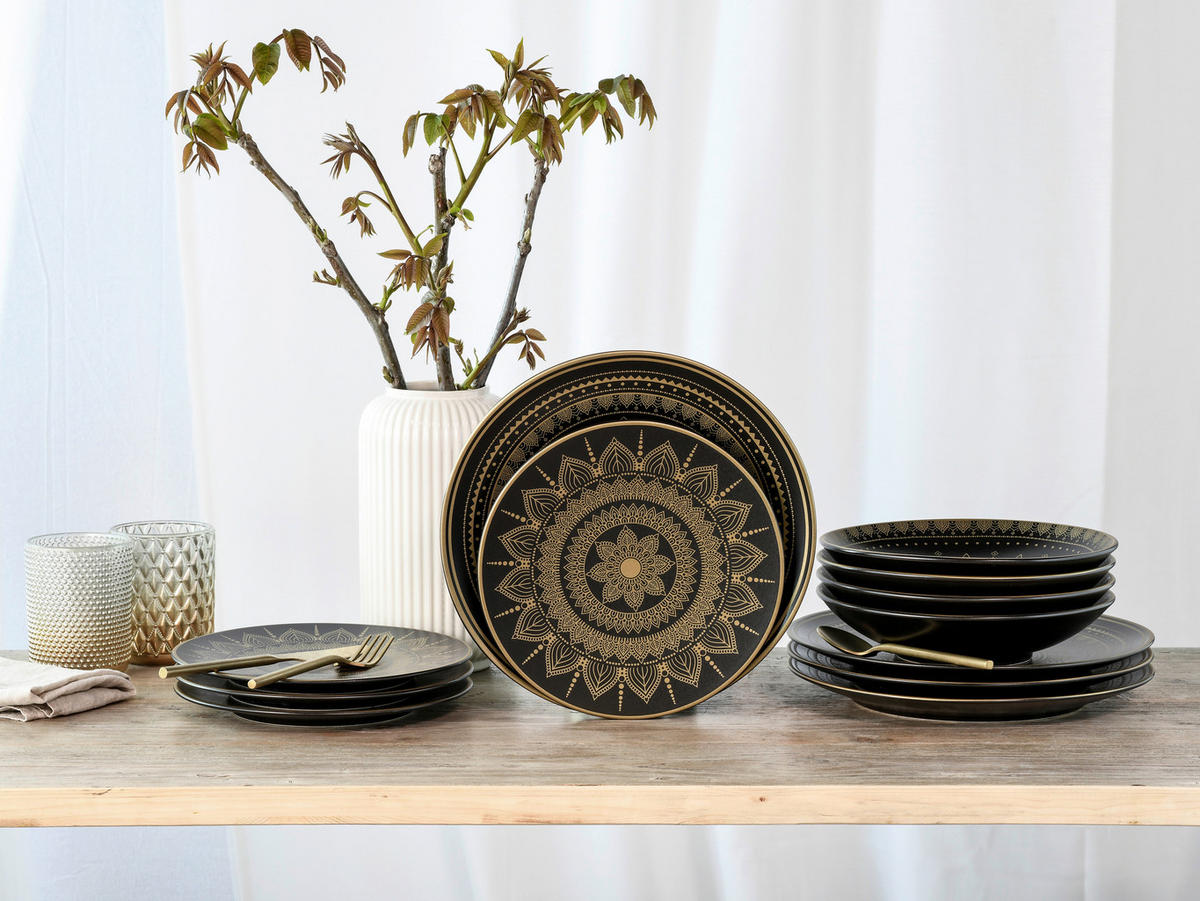 CreaTable Tafelservice MANDALA GOLD schwarz Steinzeug 12 tlg. MANDALA GOLD - schwarz - CreaTable