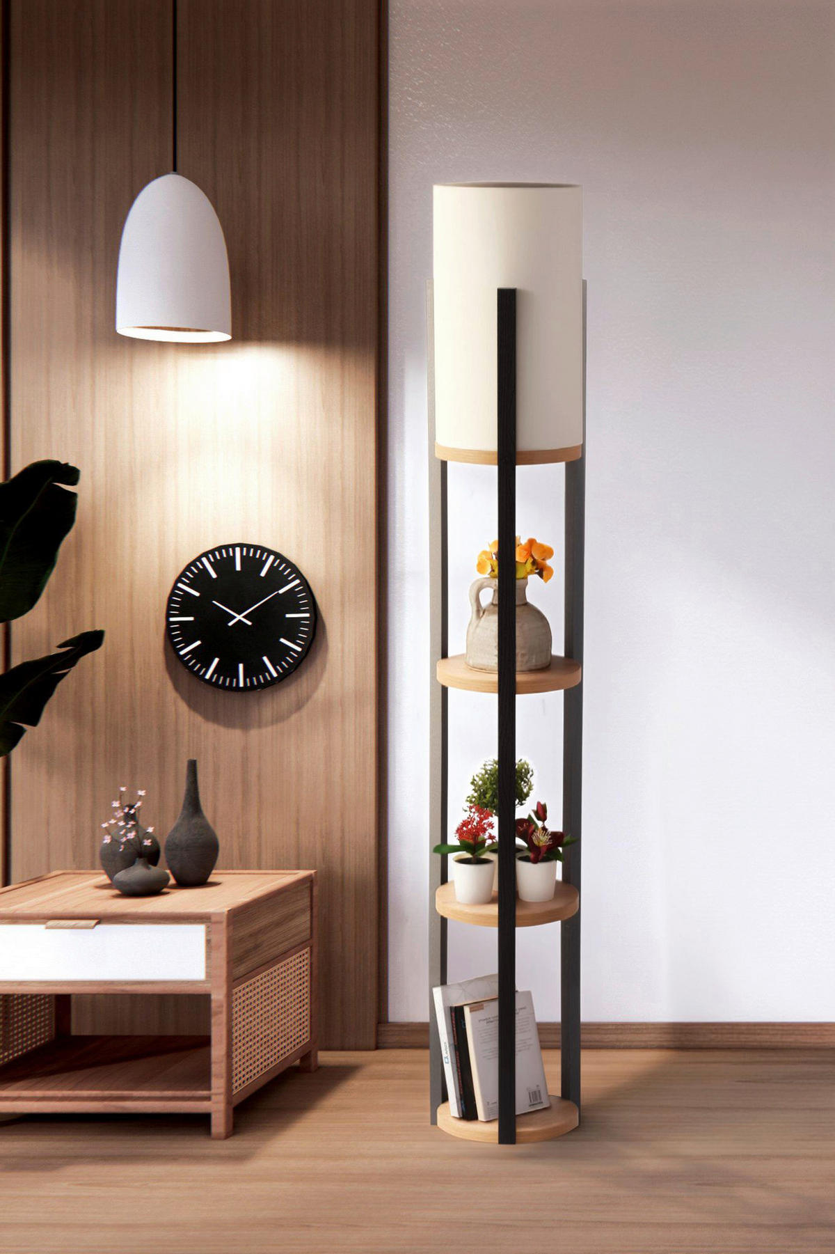 Opviq Stehleuchte natur schwarz MDF B/H/L: ca. 21x135x21 cm E27 1 Brennstellen Circle Nora - natur/schwarz (21,00/21,00/135,00cm) - Opviq