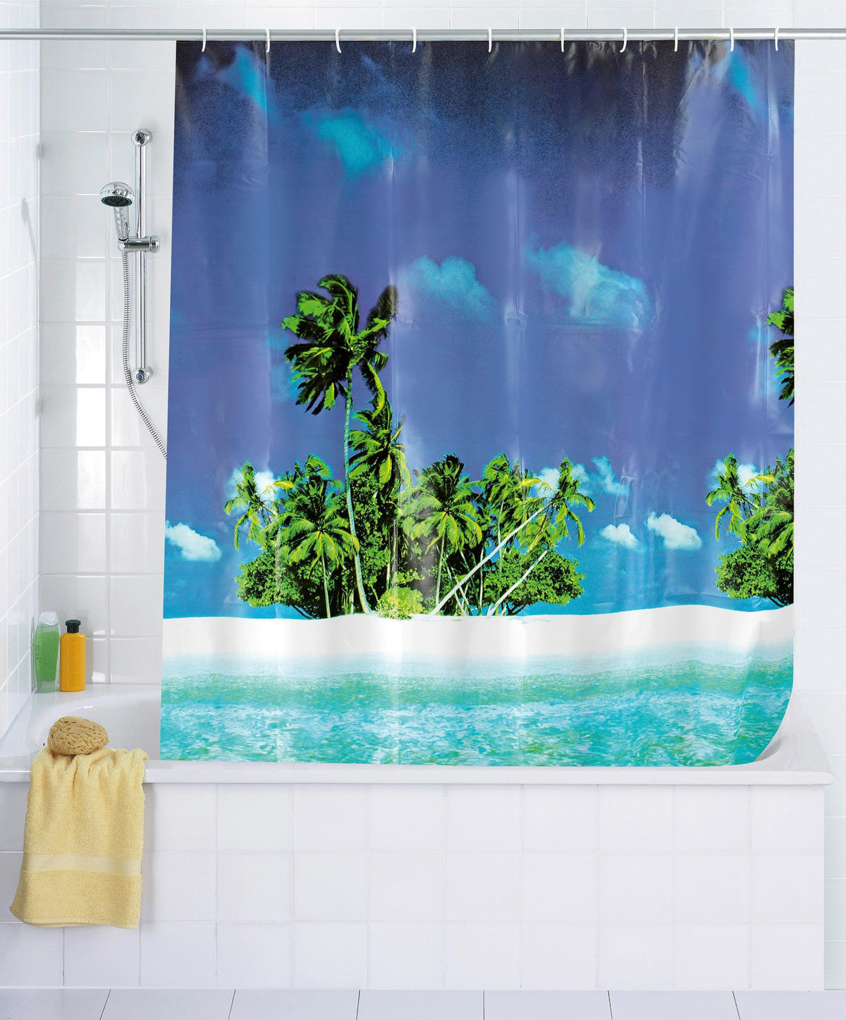 Duschvorhang blau türkis weiß Kunststoff B/L: ca. 180x200 cm Duschvorhang_Palmenstrand - blau/weiß (180,00/200,00cm) - Wenko