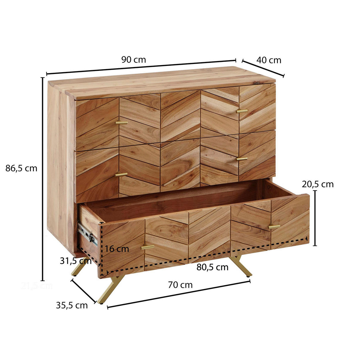 Sideboard natur gold B/H/T: ca. 90x86,5x40 cm Sideboard - gold/natur (90,00/86,50/40,00cm) - Wohnling