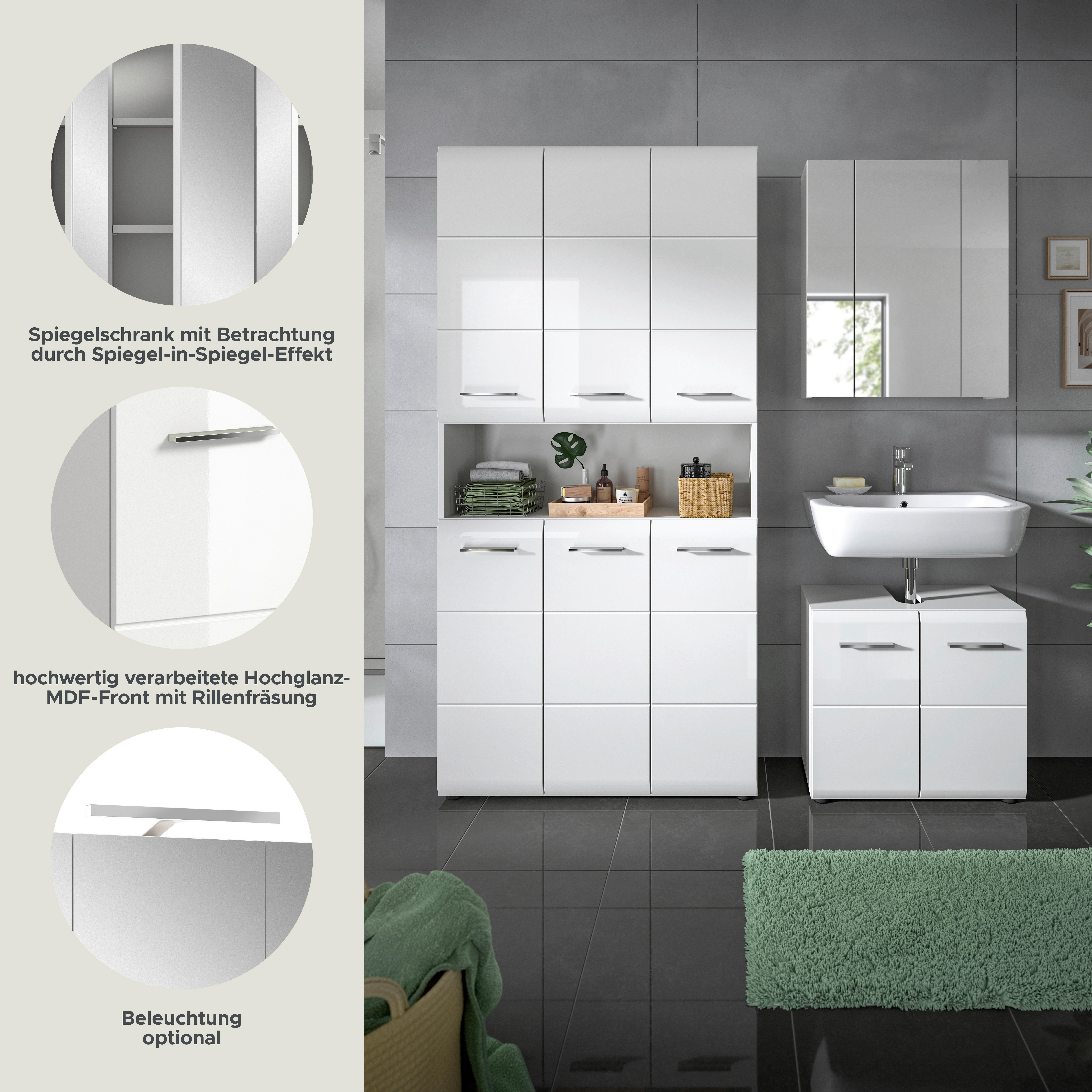Badezimmer-Set Ice weiß weiß Hochglanz B/H/T: ca. 165x185x30 cm Ice - weiß (165,00/185,00/30,00cm) - xonox.home