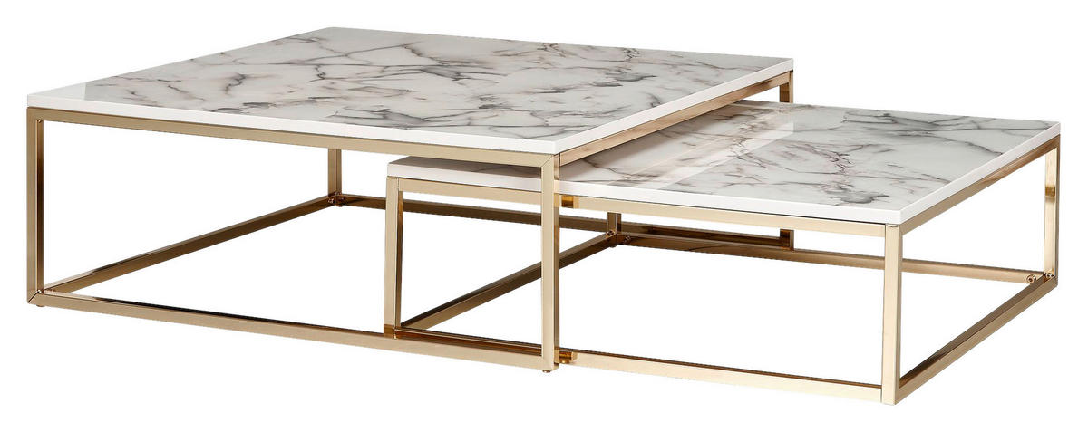 Wohnling Couchtisch 2er-Set. weiß Marmor gold MDF Stahl 2er-Set. - gold/weiß - Wohnling