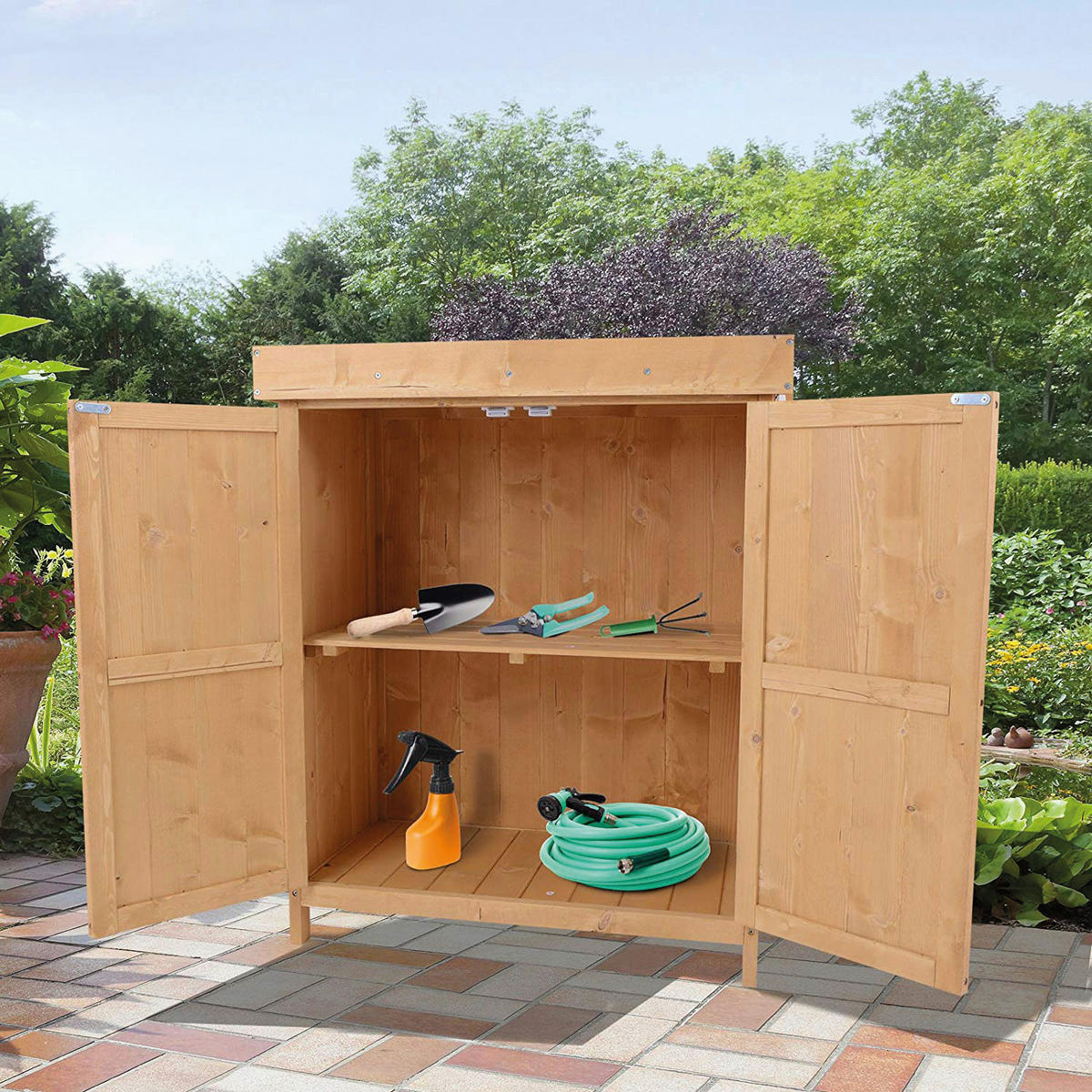 Outsunny Gartenschrank Gartenschrank_mit_2_Fächer - natur (74,00/43,00/88,00cm) - Outsunny