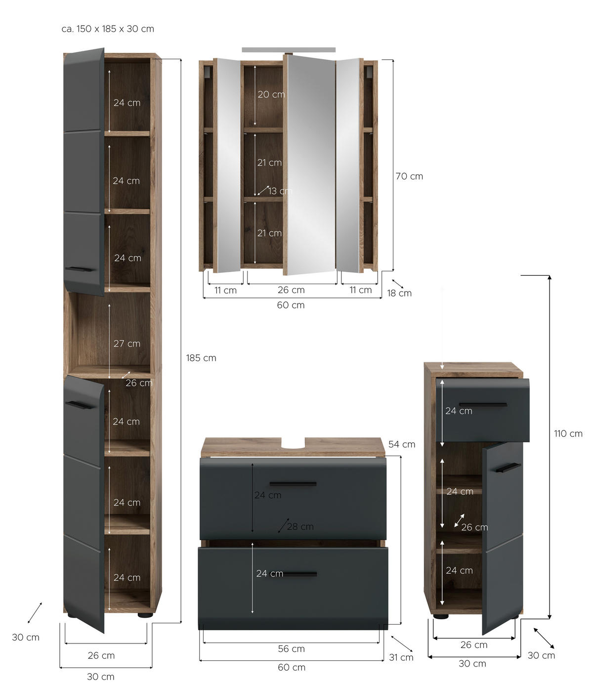 Badezimmer-Set Ice Nox Oak Nachbildung schwarz matt B/H/T: ca. 150x185x46 cm Ice - schwarz (150,00/185,00/46,00cm) - xonox.home