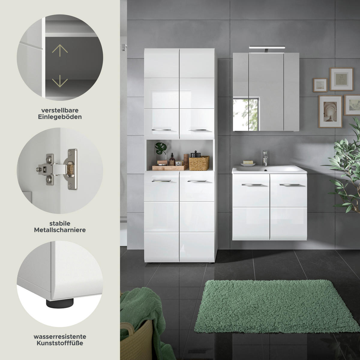 Badezimmer-Set Ice weiß weiß Hochglanz B/H/T: ca. 135x185x46 cm Ice - weiß (135,00/185,00/46,00cm) - xonox.home