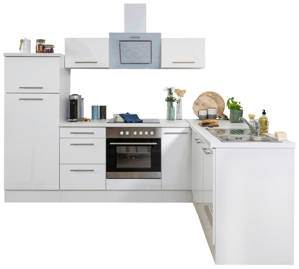 Respekta Winkelküche Amanda weiß Hochglanz B/H/T: ca. 260x200x60 cm Amanda - weiß/Edelstahloptik (260,00/200,00/60,00cm) - Respekta