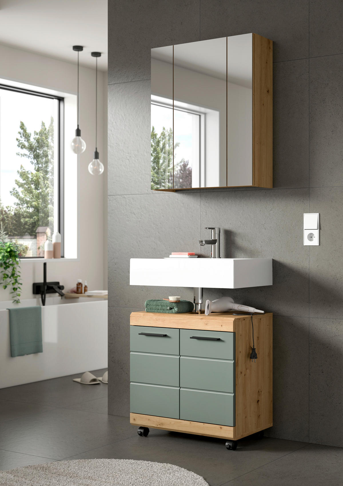 Waschbeckenunterschrank Scout Eiche Artisan Nachbildung salbei Nachbildung B/H/T: ca. 60x56x34 cm Scout - Eiche/salbei (60,00/56,00/34,00cm) - xonox.home