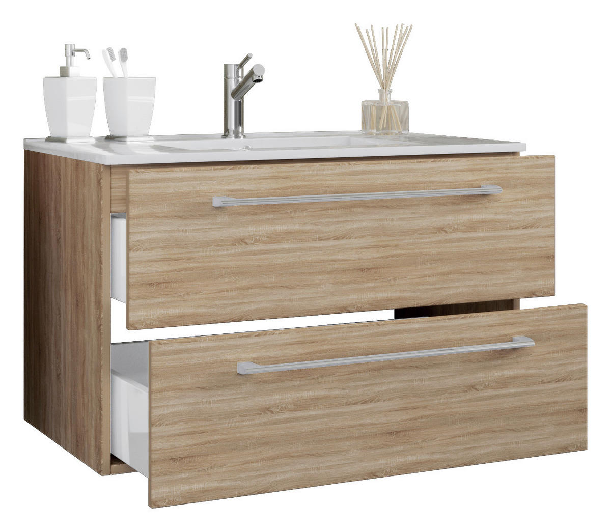 Badblock 2tlg-Badinos weiß Eiche Sonoma Nachbildung B/H/T: ca. 81x51,2x46,4 cm 2tlg-Badinos - Eiche/weiß (81,00/51,20/46,40cm) - VCM Möbel