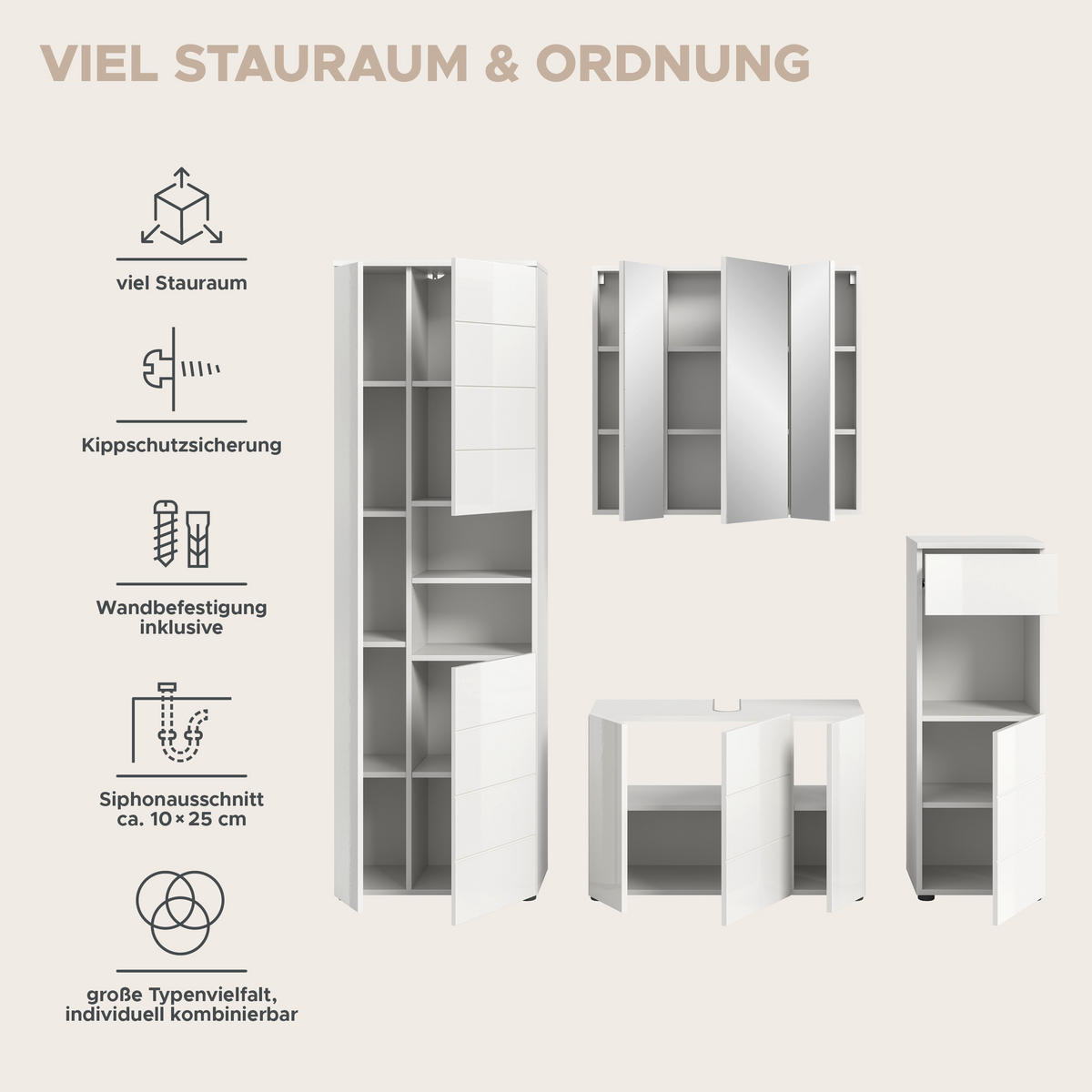 Badezimmer-Set VIRA weiß weiß Hochglanz B/H/T: ca. 210x190x34 cm VIRA - weiß (210,00/190,00/34,00cm) - xonox.home