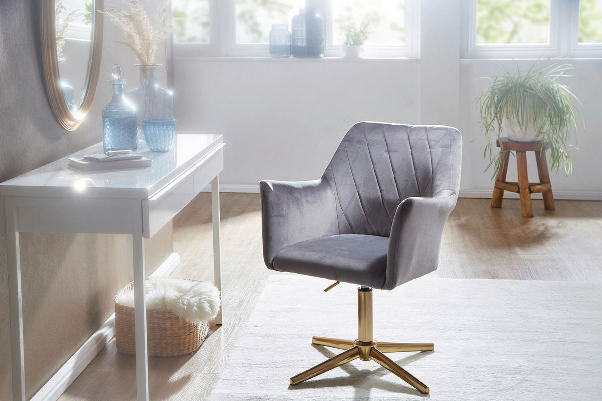 Drehstuhl grau gold Samt Eisen Drehstuhl - gold/grau (55,00/97,00/55,00cm) - Wohnling