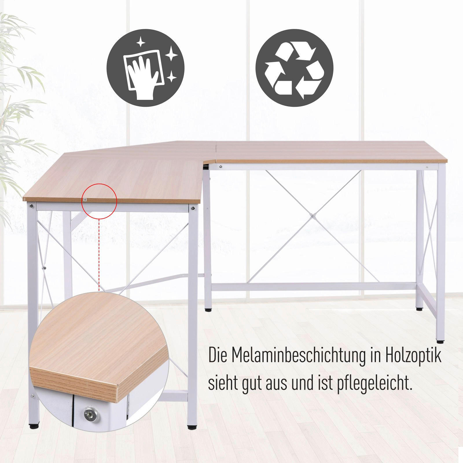 Computertisch 836-122AK natur weiß B/H/L: ca. 150x76x150 cm 836-122AK - weiß/natur (150,00/150,00/76,00cm) - HOMCOM