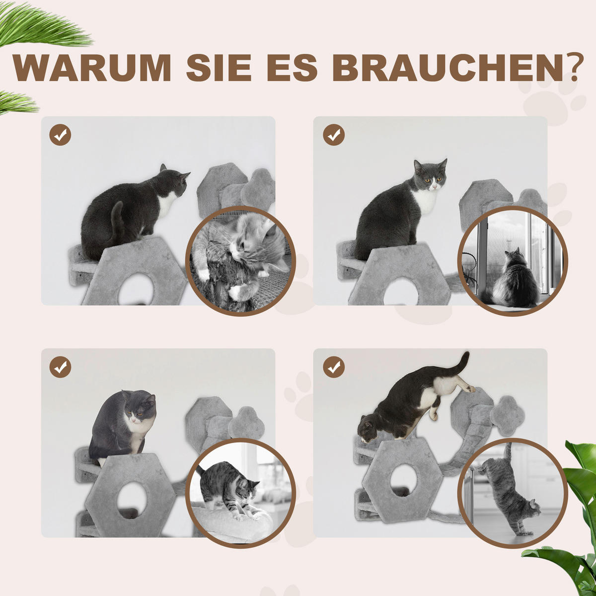PawHut Katzen Kletterwand hellgrau Spanplatte B/H/L: ca. 30x38x154 cm Katzen Kletterwand - hellgrau (154,00/30,00/38,00cm) - PawHut