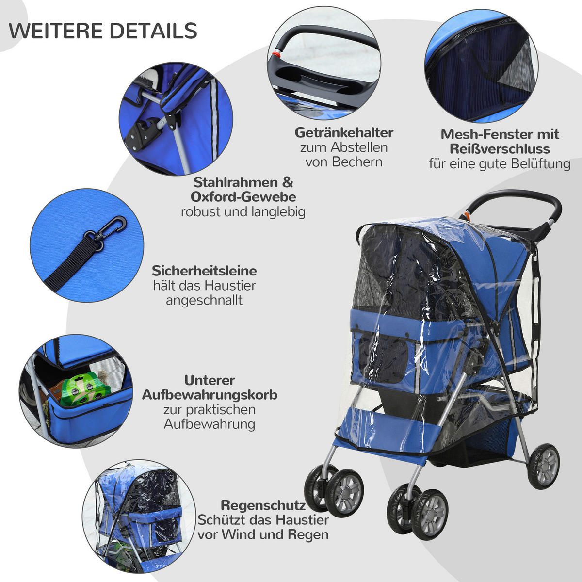 PawHut Hunde-Zubehör blau Edelstahl B/H/L: ca. 45x75x97 cm Hundebuggy - blau (97,00/45,00/75,00cm) - PawHut